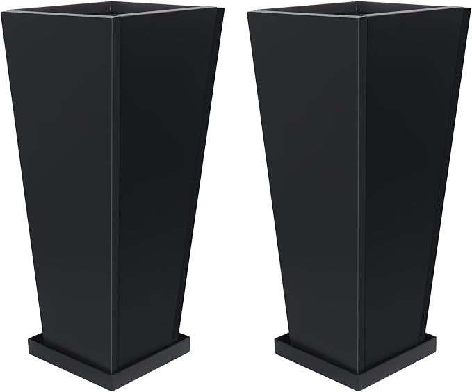 26" Metal Tall Outdoor Planters Set of 2, Durable & Wealtherproof | Tall Planters with Drainage Insert Shelve & Trays, Black Outdoor Planters for Porch, Garden, Yard