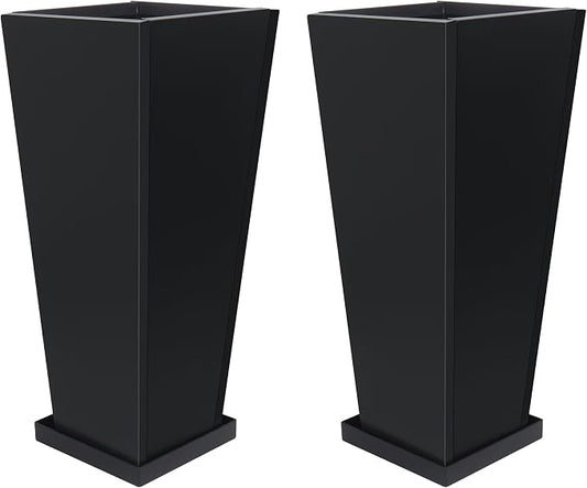 26" Metal Tall Outdoor Planters Set of 2, Durable & Wealtherproof | Tall Planters with Drainage Insert Shelve & Trays, Black Outdoor Planters for Porch, Garden, Yard