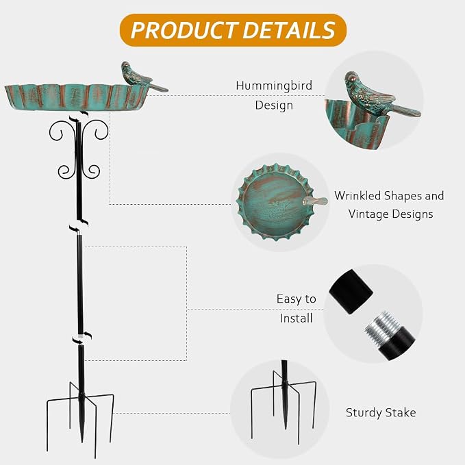 Metal Outdoor Bird Bath,11.6 Inch Standing Birdbath & Birdfeeder for Outside with 4 Prongs Base Stake,Garden Bird Baths for Yard Lawn Decor