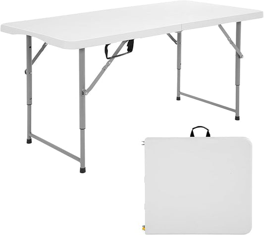 FDW 4 Foot Outdoor Dining Table, Foldable Portable Rectangular Plastic Folding Table with Built in Carrying Handle and Height Adjustable for Party and Wedding Use, White