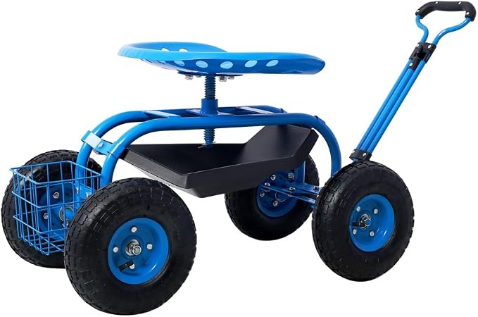 Garden Cart Rolling Scooter, Adjustable Height Heavy Duty Scooter, Rolling Garden Cart with 4 Wheels and Extendable Handle, Garden Stool Cart with 360-Degree Seat and Tool Tray Blue