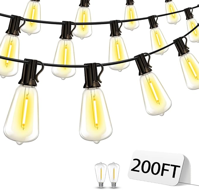 Outdoor Patio String Lights 200ft: ST38 LED Shatterproof Bulbs 3 Modes Button Control - Waterproof Connectable Lights - Wedding Bistro Party Gazebo Backyard Decorative