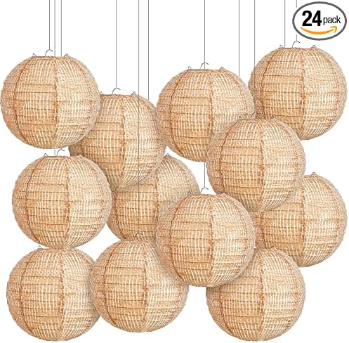 Hortsun 24 Pcs Print Burlap Paper Lanterns Round Chinese Paper Lanterns Farmhouse Boho Classroom Home Decor Classroom Sweet Birthday Party Ceremonial Event (8 Inch)