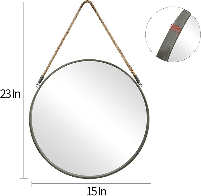 POZINO Round Hanging Mirror with Rope, 15" Grey Metal Frame Circle Wall Mirrors, Small Farmhouse Decorative Mirror for Entryway, Living Room, Fireplace, Bedroom, Bathroom
