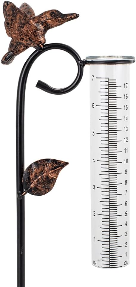 Hummingbird Rain Gauge Outdoor, Metal Rain Gauge with 7-Inch Glass Tube, Decorative Rain Water Gauge for Garden, Yard, Lawn