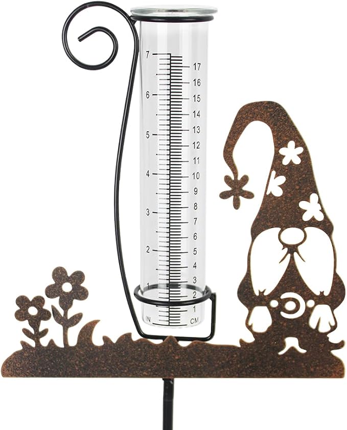 Rain Gauge Outdoor, Gnome Rain Gauges for Yard, Freeze Proof Rain Gauge with 7" Glass Tube, Metal Decorative Garden Stake for Measuring Precipitation
