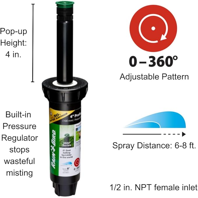 Rain Bird 1804AP8PRS Pressure Regulating (PRS) Professional Pop-Up Sprinkler, Adjustable 0-360° Pattern, 6' - 8' Spray Distance, 4" Pop-up Height