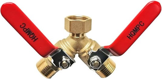 HQMPC Garden Hose Y Valve Splitter With Stainless Steel Long Handle - Brass 2 Way Water Adapter, 3/4" GHT Thread