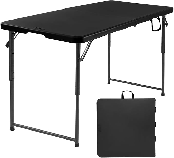 Byliable Folding Table 4 Foot, Heavy Duty Portable Plastic Fold-in-Half Utility 4ft Folding Table with Carrying Handle for Indoor Outdoor, Camping Picnic Party, Black