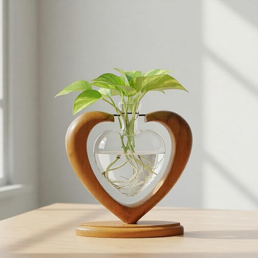Plant Propagation Station, Heart-Shaped Hydroponic Glass Vase with Solid Wooden Stand, Rooting Vase for Cuttings, Gifts for Plant Lovers Mom Wife, Home Office Wedding Tabletop Decor
