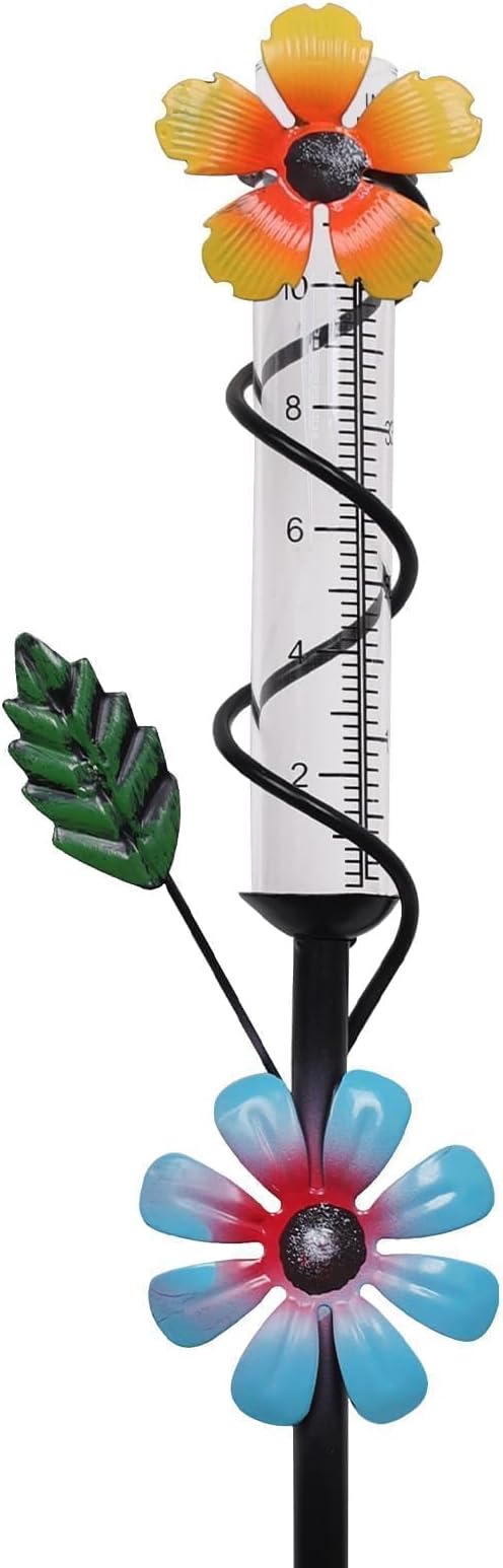 Flower Rain Gauge Outdoor, 5 Inch Glass Tube Freeez-Proof Metal Stake Weather-Resistant Rain Gauge-Lawn and Garden Yard Decor for Accurate Precipitation Measurement