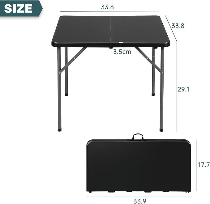 FDW 34" Square Outdoor Dining Table, Foldable Portable Plastic Folding Card Table with Built in Carrying Handle and Height Adjustable for Party and Wedding Use, Black
