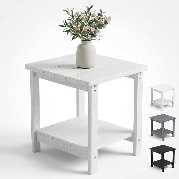 Adirondack Square Outdoor Side Table, 2-Tier Small Patio Side Table, HDPS End Tables for Porch, Deck, Backyard, Garden, Poolside, Beach, Easy Assembly, White