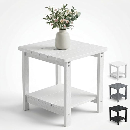 Adirondack Square Outdoor Side Table, 2-Tier Small Patio Side Table, HDPS End Tables for Porch, Deck, Backyard, Garden, Poolside, Beach, Easy Assembly, White