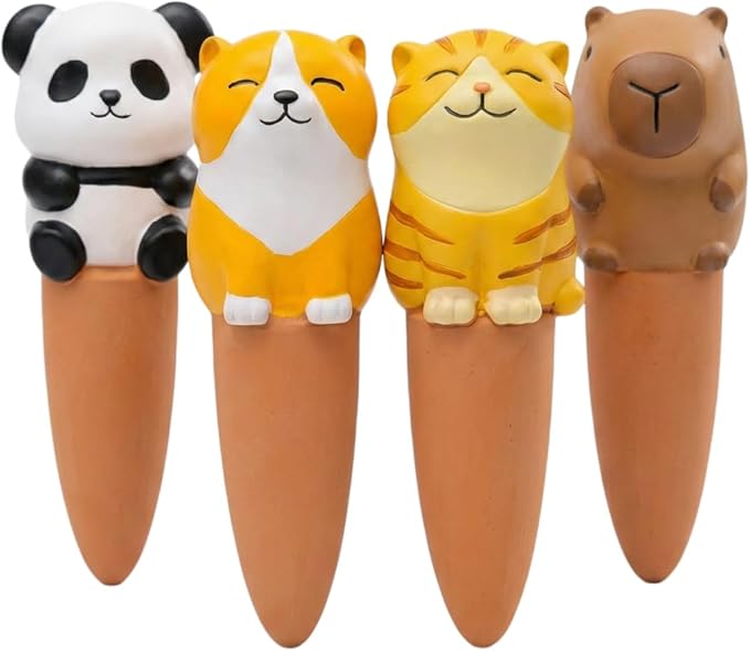 4 Pack 5.3 inch Terracotta Watering Spikes - Self Watering Globes for Indoor Plants, Cute Animal Automatic Plant Waterer, Ceramic Irrigation Stakes