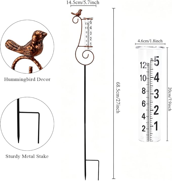 Rain Gauge Outdoor, Hummingbird Rain Gauges for Yard, Freeze Proof Rain Gauge with 7" Glass Tube, Metal Decorative Garden Stake for Measuring Precipitation