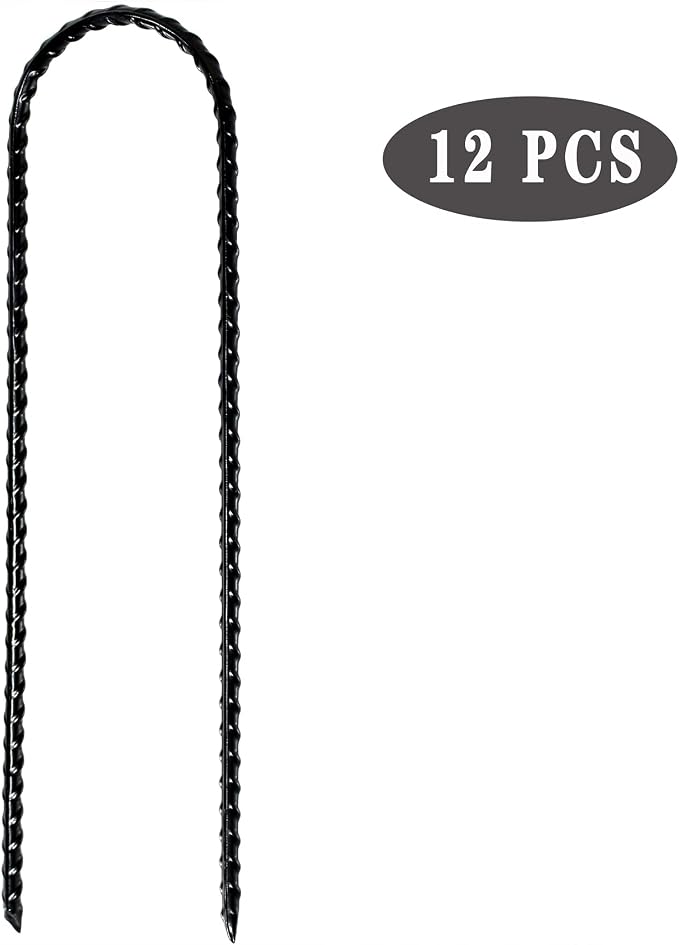 Nigh Coated Rebar Trampoline Wind Stakes Set of 12 Safety Ground Anchors Stakes Extra Heavy Duty Metal Landscape Staples 10 Inches Long (Black)