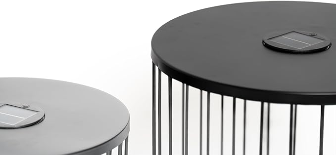 2-Pack Solar Nesting Side Tables, Modern Round End Tables with LED Lights, Metal Wire Cage Accent Tables, Waterproof Indoor Outdoor Patio Nightstand for Living Room Balcony Garden, Matte Black