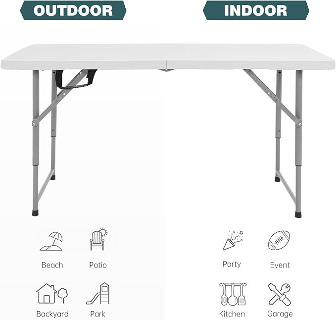 FDW 4 Foot Outdoor Dining Table, Foldable Portable Rectangular Plastic Folding Table with Built in Carrying Handle and Height Adjustable for Party and Wedding Use, White