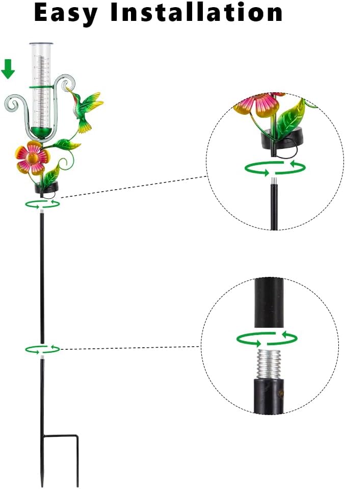 Stargarden Rain Gauge Outdoor, Hummingbird Solar Rain Gauge, Metal Rain Measure Gauge with 7 Inch Tube, Decorative Rainfall Measurement for Yard, Porch Decor