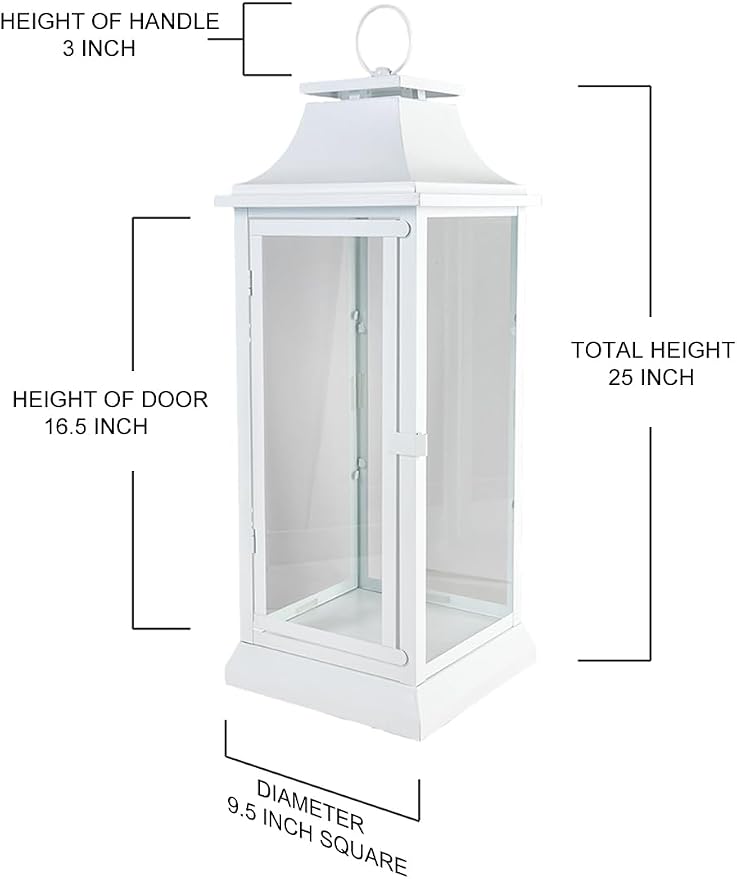 Serene Spaces Living White Hurricane Lanterns with Clear Glass Panels, Perfect for Home Decor, Parties & Events, Table Top Or Hanging Lantern for Indoor & Outdoor, 9.5" Square & 25" Tall