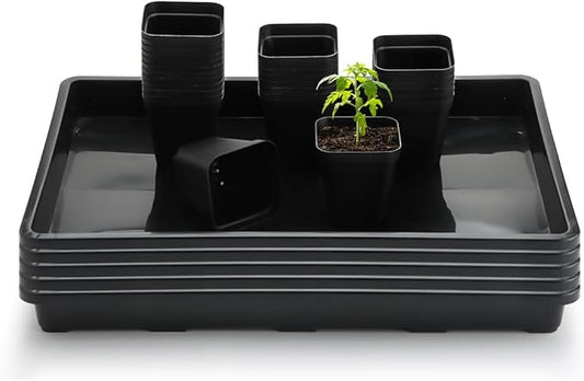 RooTrimmer 2.8 inch (7CM) Square Nursery Pots 120pcs with 5 Pack Seed Starter Trays, Durable Plastic Flat Seedling Tray (17"x11"x2") for Carrying and Holding Plant Nursery Pot (Black)