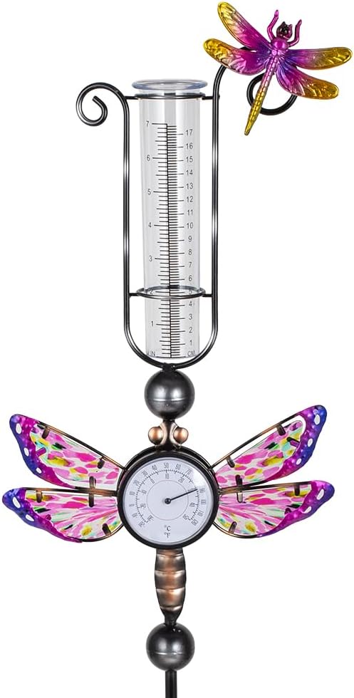 Rain Gauge Outdoor with 7 Inch Tube, Rain Gauges with Thermometer Waterproof Measure Gauge Decor for Yard, Garden, Lawn(Dragonfly)