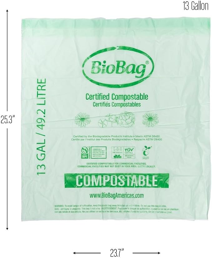 13 Gallon Compostable Drawstring Trash Bags by BioBag, 40 Count, BPI Certified, Meets ASTM D6400 Standards, Easy-Tie Kitchen Liners