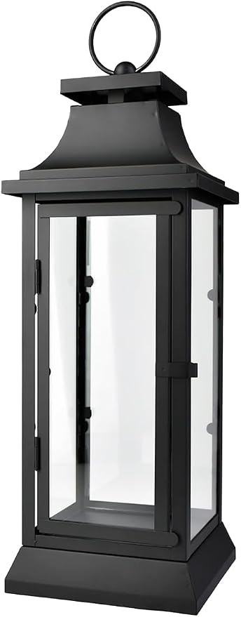 Serene Spaces Living Black Metal Hurricane Lantern with Clear Glass Panels – Hanging or Tabletop Decorative Lantern for Indoor & Outdoor – for Weddings, Parties, Home Decor, 20" Tall & 7.75" Square