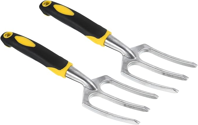 PATIKIL 10.8" 3 Tines Hand Gardening Fork, 2Pcs Aluminum Alloy Non-Slip Handle Hardened Digging Pitch Fork for Backyard Weeding Farm Planting, Silver