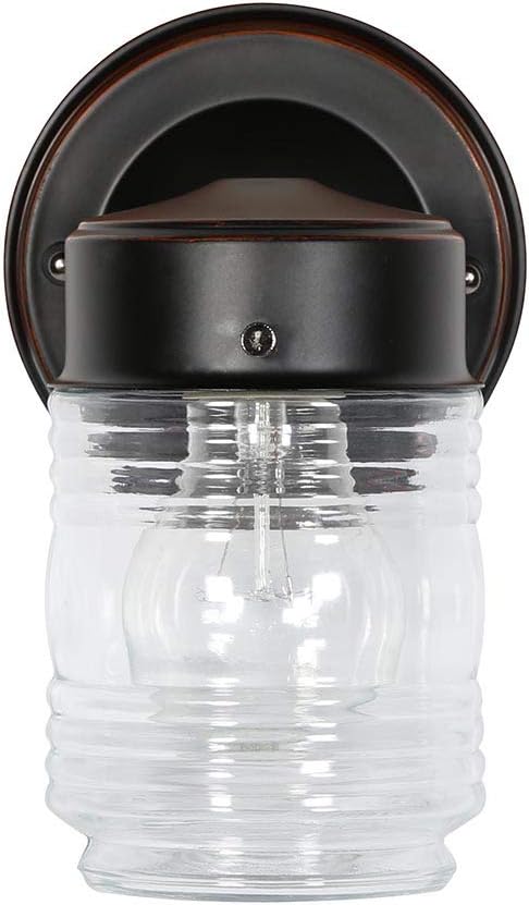 Design House Jelly Jar 1 Light Wall Light, Oil Rubbed Bronze, Outdoor Downlight, Clear Glass, Wet Rated, 7.5 in H x 4.5 in L x 5.25 in W, 60W Medium Base, Model 505198