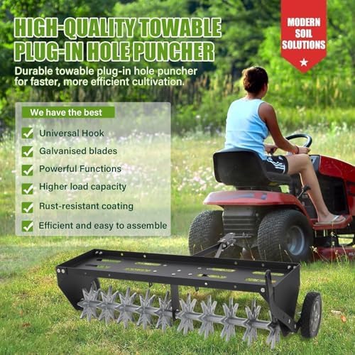 40" Tow Behind Spike Aerator with Galvanized Steel Tines and Extra-Wide Tow Bar, Tow Behind Plug Aerator with Transport Wheels, for Gardens, Lawns, Farms