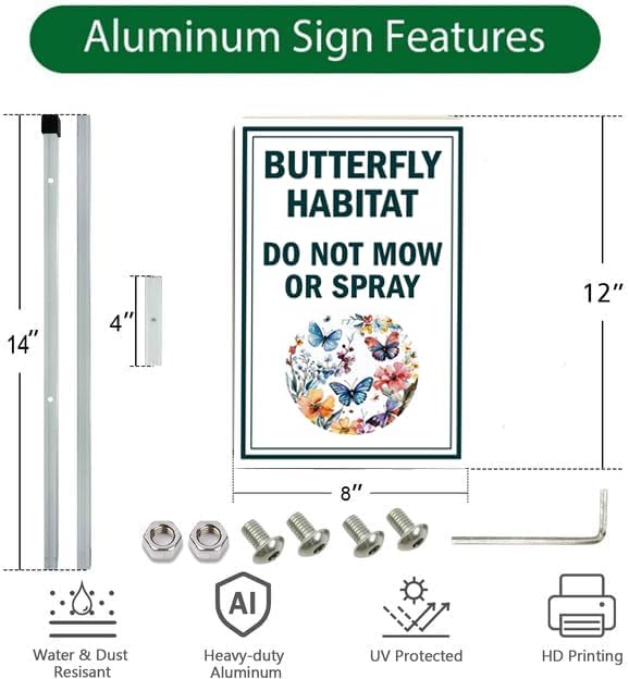 Butterfly habitat Yard Sign With Stake Do Not Mow do not spray Reflective Aluminum Yard Signs Rust Free pollinator habitat Garden Signs (8x12 IN)