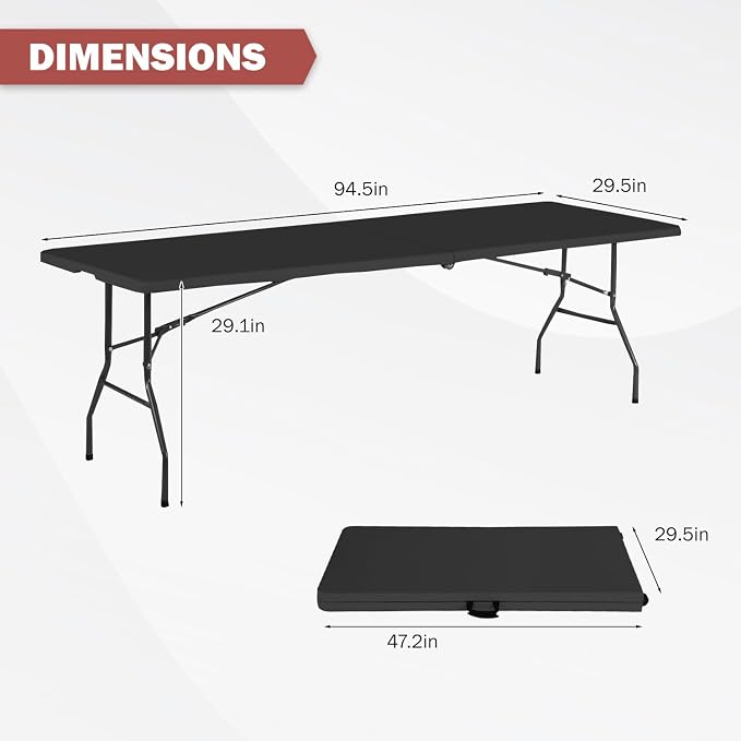 PayLessHere | 8FT Folding Table | Portable Plastic Table with Carry Handle | Waterproof & Foldable Table Design | Steel Frame with Lock | Black | for Events, Camping, Indoor & Outdoor Use