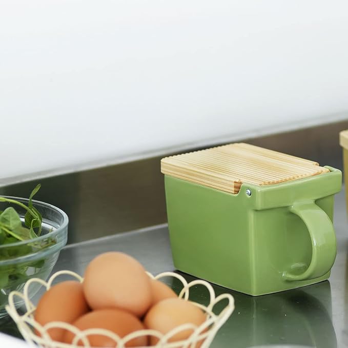 ZERO JAPAN Bee House Premium Salt Box with Hinoki Lid - Container for Sea Salt and Spices - Elegant Cellar for Kitchen Countertop - Artichoke Green, 16 oz