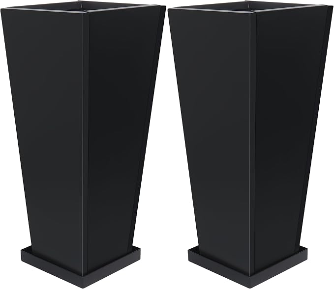 30" Metal Tall Outdoor Planters Set of 2, Durable & Wealtherproof | Tall Planters with Drainage Insert Shelve & Trays, Black Outdoor Planters for Porch, Garden, Yard