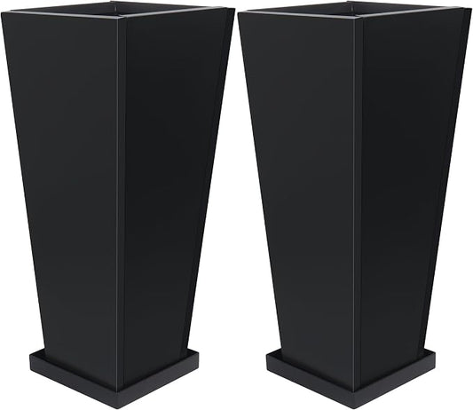 30" Metal Tall Outdoor Planters Set of 2, Durable & Wealtherproof | Tall Planters with Drainage Insert Shelve & Trays, Black Outdoor Planters for Porch, Garden, Yard