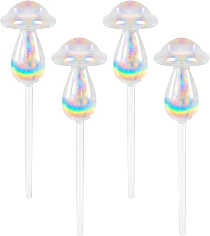 Rainbow Plant Watering Globes, Rainbow Gradient Color Plant Watering Bulb Devices,Mushroom Self Watering Spikes Iridescent, Pack of 4