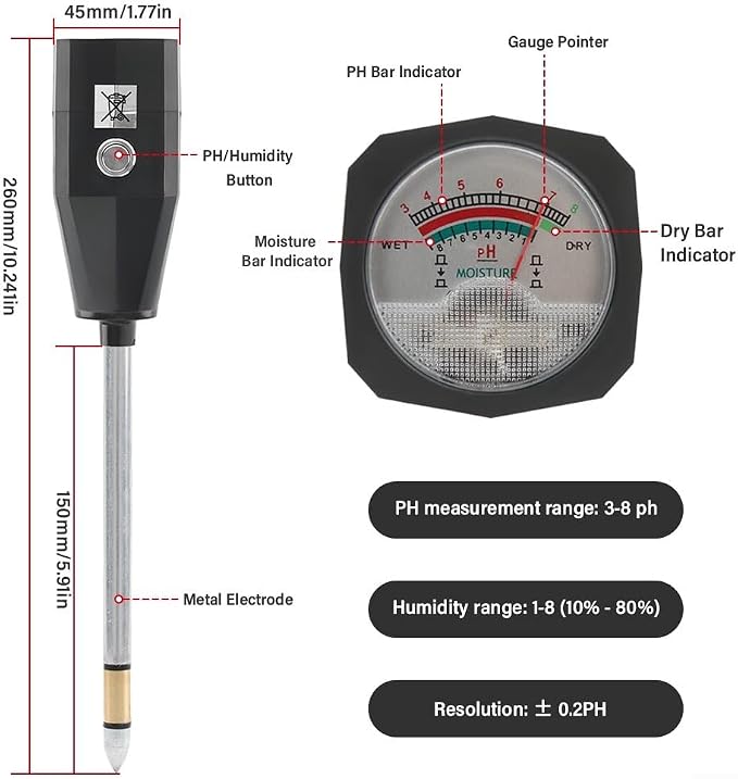 Soil pH Tester and Moisture Meter for Garden Use Portable Soil Testing Tool for Optimal Plant Growth (15cm)