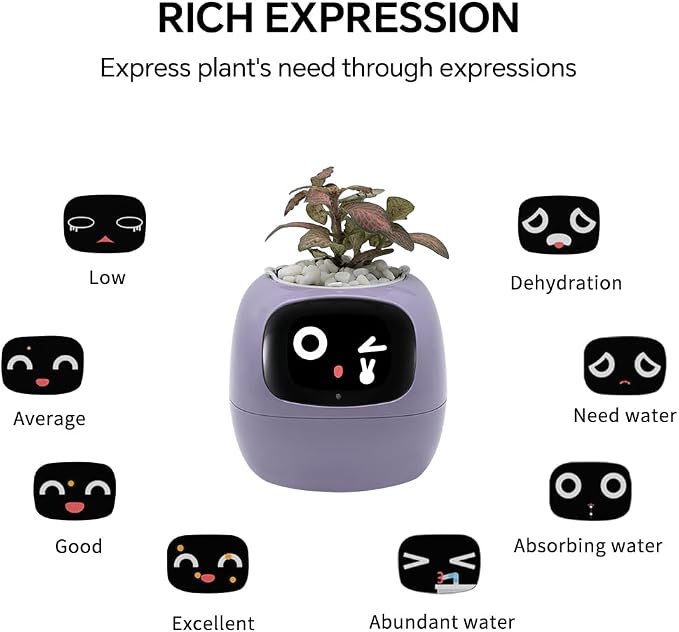 Smart Plant Pot with Expression, AI Intelligent Flower Pot for Indoor Decoration, Smart Garden Pot with Water/Light/Temperature Sensors, Ivy AI Planter (Purple)