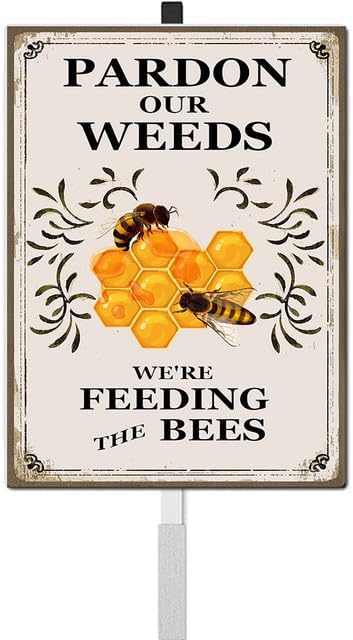 Pardon the Weeds We're Feeding The Bees Yard Sign with Stakes Do Not Mow 8x12 IN Aluminum Lawn Sign Stand for Yard Garden Pollinator Wildflower Save Bee Habitat Sign Outdoor Decorations