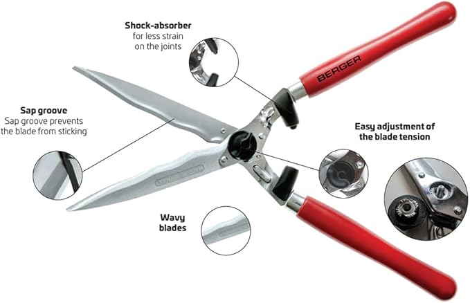 BERGER Hedge Shears – Professional 23.6" Garden Clippers with Wavy Chrome-Plated Steel Blades, 9.45" Cutting Length, Beechwood Handles, Adjustable Tension – 4590