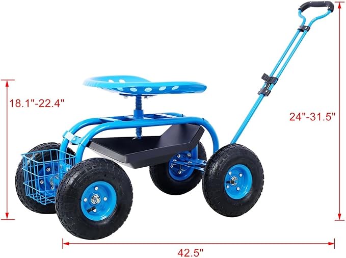 Garden Cart Rolling Scooter, Adjustable Height Heavy Duty Scooter, Rolling Garden Cart with 4 Wheels and Extendable Handle, Garden Stool Cart with 360-Degree Seat and Tool Tray Blue