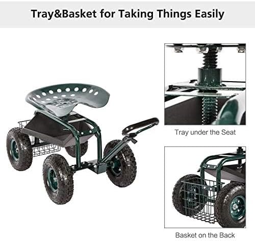 KINTNESS Garden Cart Seat Rolling Scooter Wagon with Extendable Steering Handle Swivel Seat & Utility Basket (Green