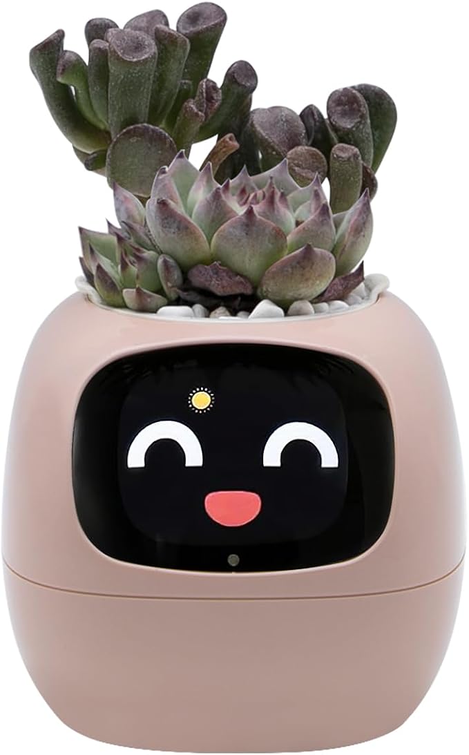 Smart Plant Pot with Expression, AI Intelligent Flower Pot for Indoor Decoration, Smart Garden Pot with Water/Light/Temperature Sensors, Ivy AI Planter(Pink)