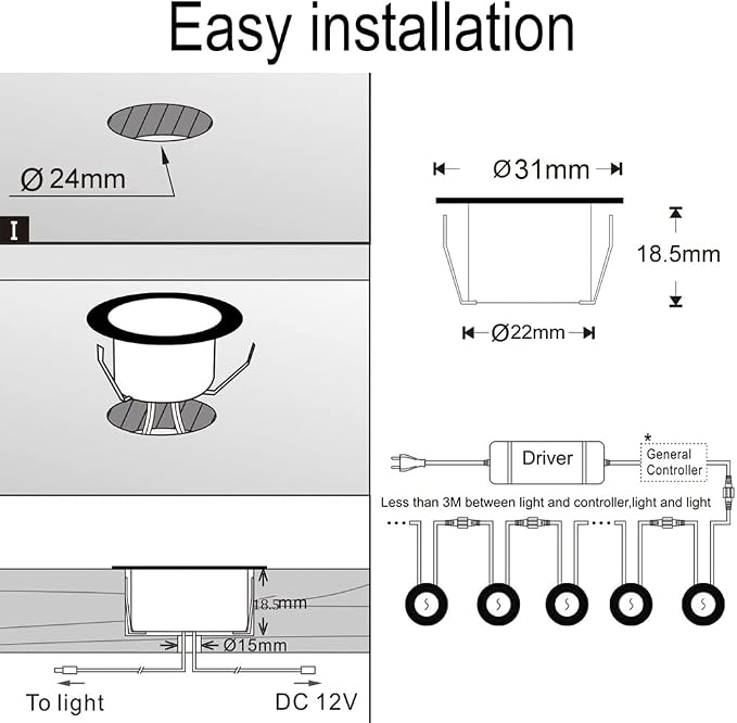 Sumaote 50pc LED Deck Lights Kit, Smart RGBW Φ1.22 Low Voltage Recessed Lighting IP67 Waterproof In-ground Landscape Lights for Steps, Wedge, Deck, Patio - Black Shell