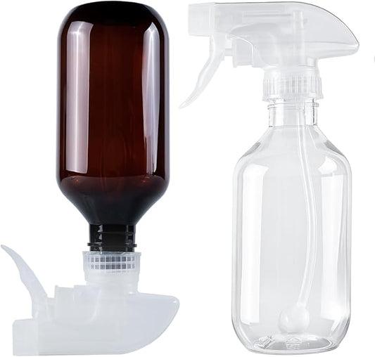 2 Pack 360° Spray Bottles, 10 oz Plastic Small Containers with Adjustable Spray Nozzles, Spray Bottles for Hair, Cleaning Solutions, BBQ and Plants Amber&Clear