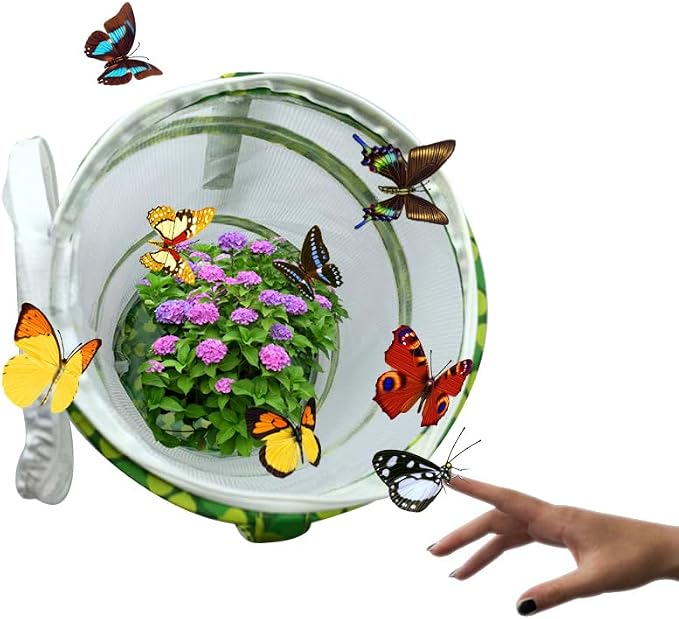 Pop-up Insect and Butterfly Habitat Cage Growning Garden Washable, Reusable, Folds Flat Dragonfly Caterpillars Mesh Cage Feeder Butterfly Growing Kit (Large)