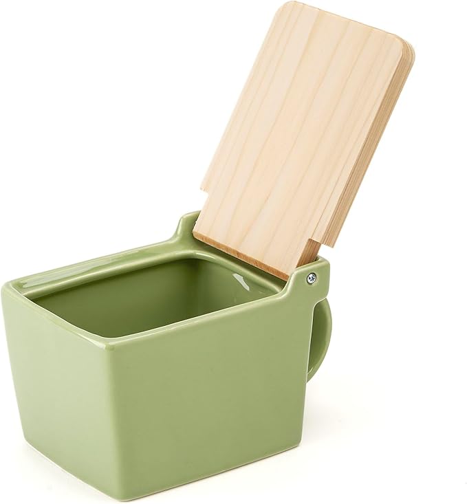 ZERO JAPAN Bee House Premium Salt Box with Hinoki Lid - Container for Sea Salt and Spices - Elegant Cellar for Kitchen Countertop - Artichoke Green, 16 oz