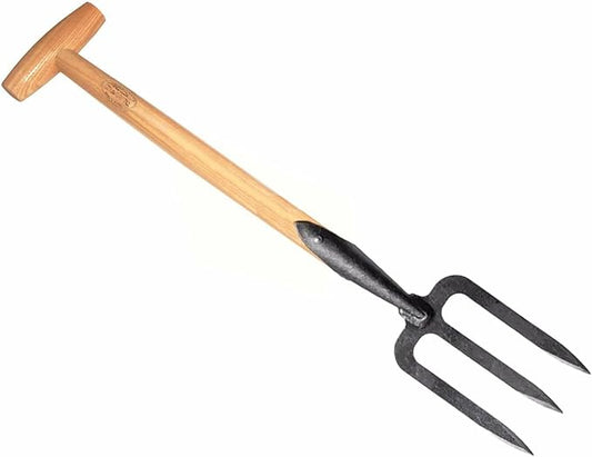 DeWit Perennial Fork with Short T-Handle – Hand Garden Fork for Digging, Dividing & Separating Plants, Tempered Boron Steel with Ash Hardwood Handle